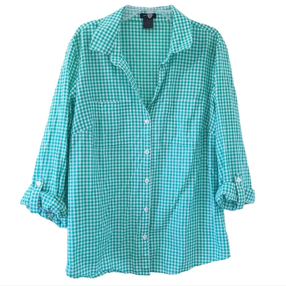 Ann Taylor Fact Gingham Print Button Down Blouse Size 8 Green White Plaid Check